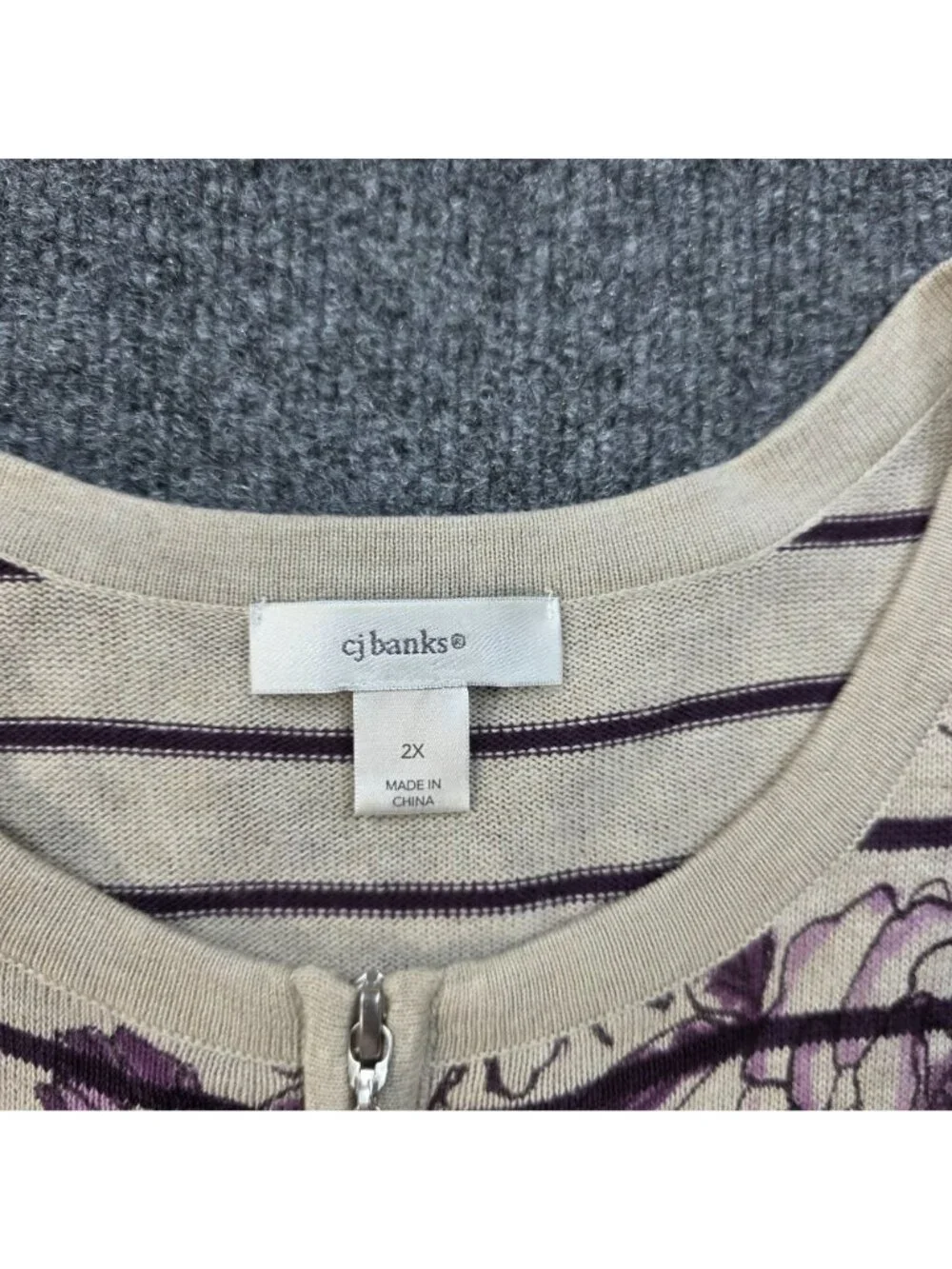 CJ Banks Floral Stripe Full Zip Cardigan 2X Cotton Purple Cottagecore Romantic
